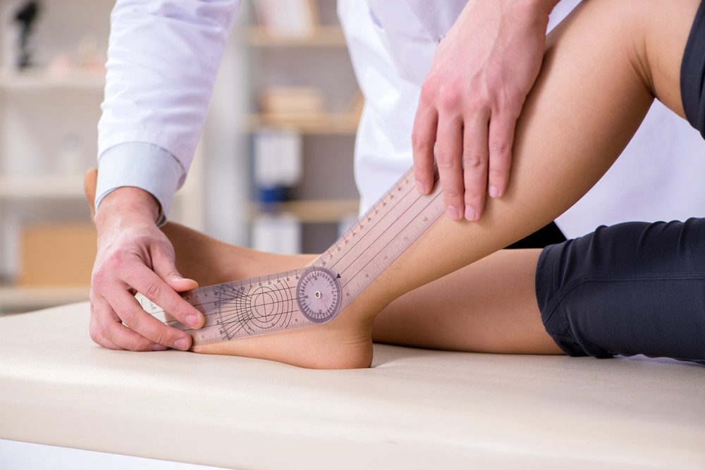 Close-up of a prosthetic foot and ankle.