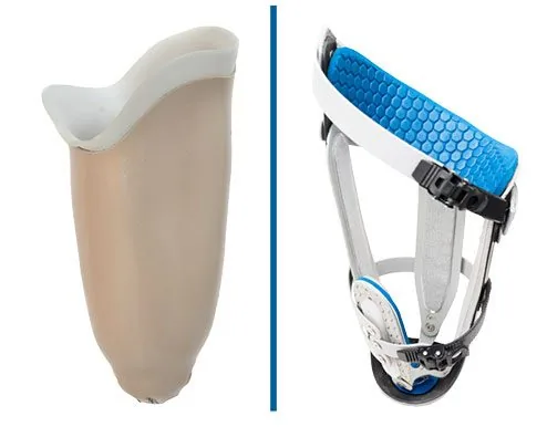 An older bulky prosthetic socket beside a modern slim Quantum socket.